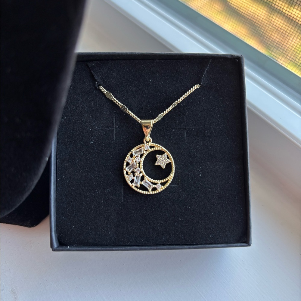 Gold Plate Moon Star Necklace Sequin Chain CZ Celestial Pendant Dainty Astrology